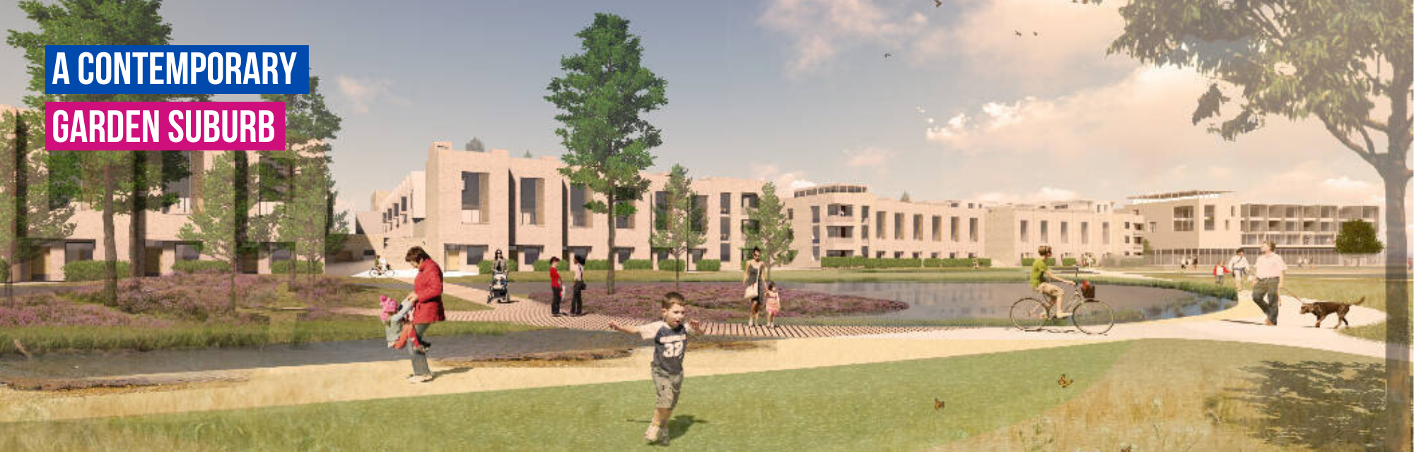 Artist's impression of the central park at the heart of the development. There are people walking, cycling and playing near a lake.