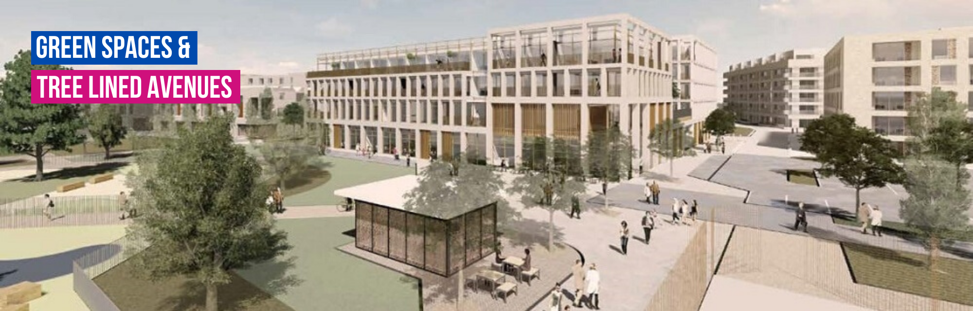 Artist's impression of the public amenity space at the centre of the new development. There are lawns, trees, pedestrian walkways and a kiosk which people are sat outside. 