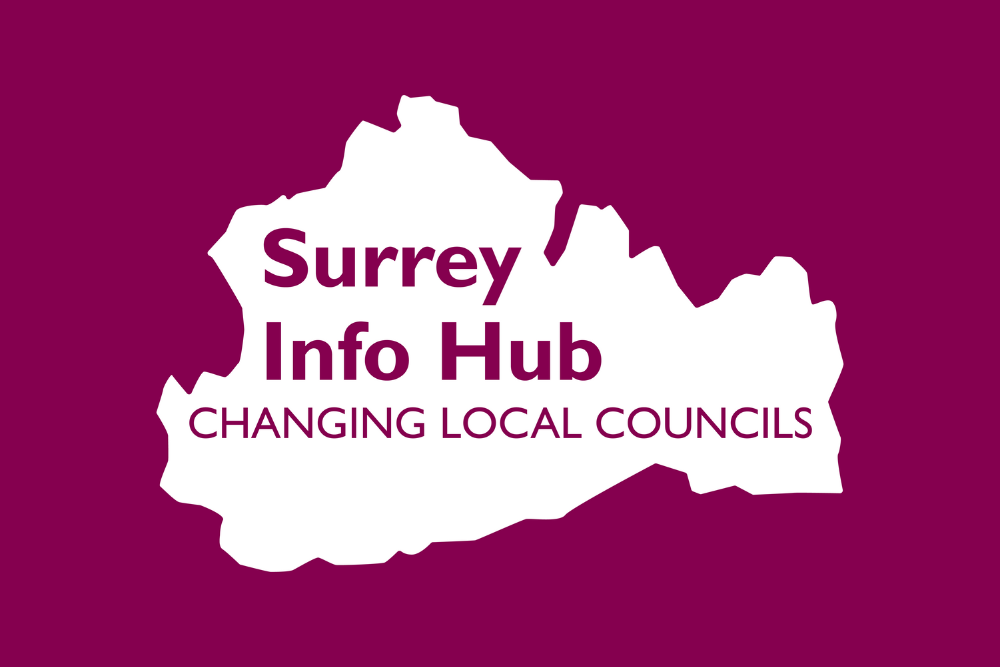 Outline of Surrey with the text Surrey Info Hub Changing Local Councils.
