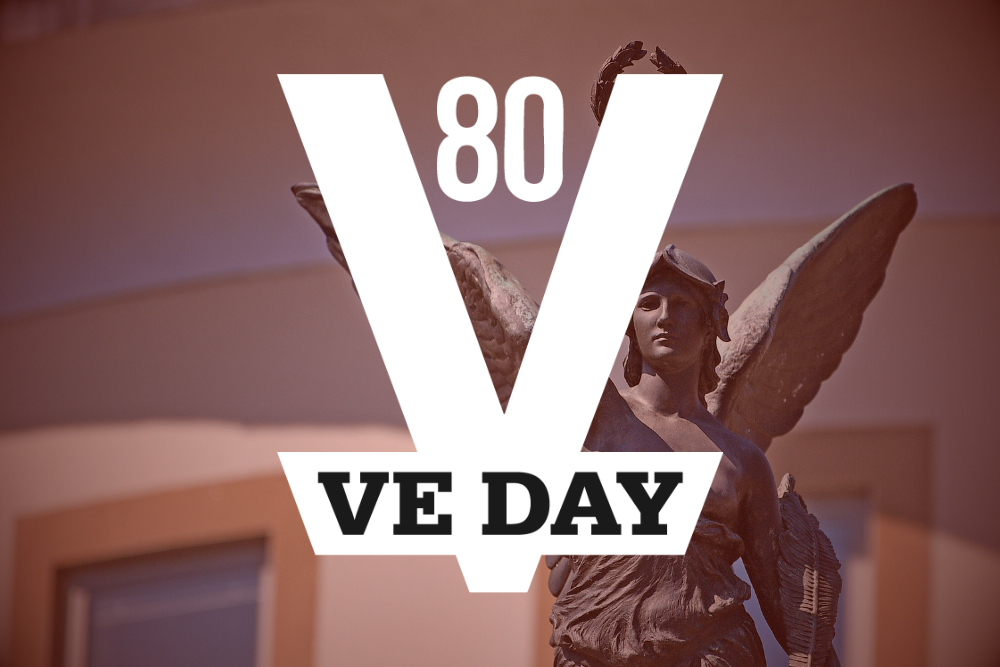 VE Day logo overlaid on an image of the Woking War Memorial