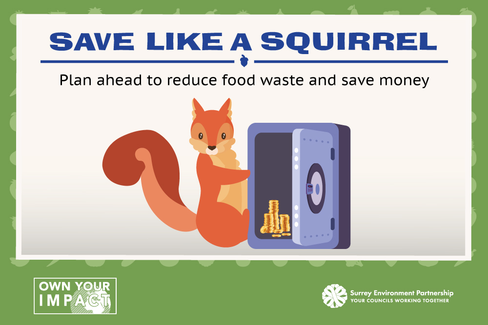 Squirrel next to an open safe with coins inside. Save like a squirrel. Plan ahead to reduce food waste and save money.