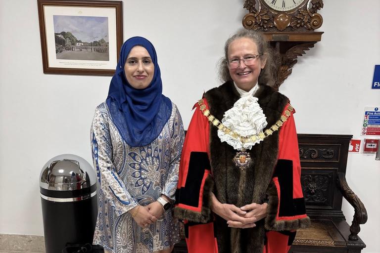 Eminent Citizen, Kawther Hashmi, standing next to the Mayor of Woking, Cllr Louise Morales