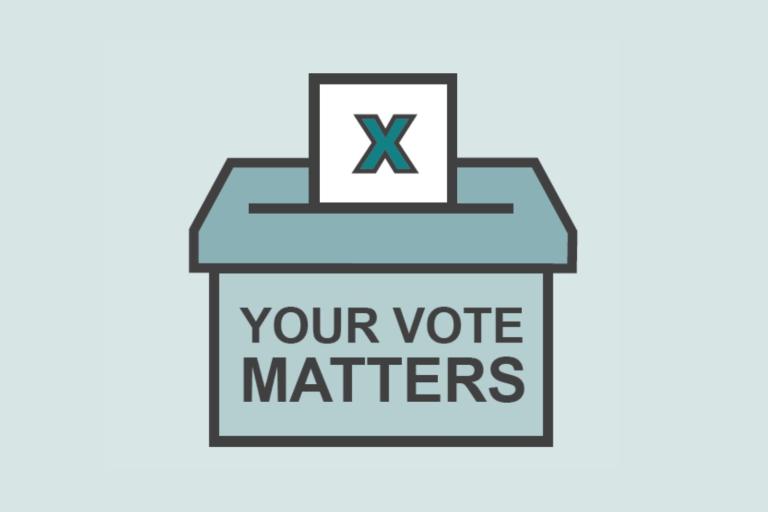 Graphic of an elections ballot box with a vote in the slot and text: 'Your vote matters'