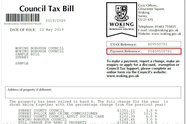 Council Tax bill with payment reference number highlighted