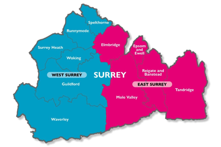 Map of Surrey split into the two new unitary council areas - West Surrey and East Surrey