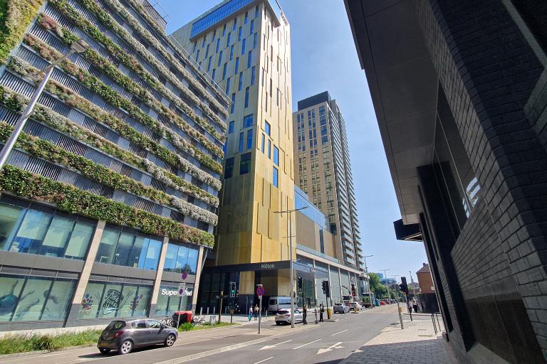 View of hotel and car park along Victoria Way