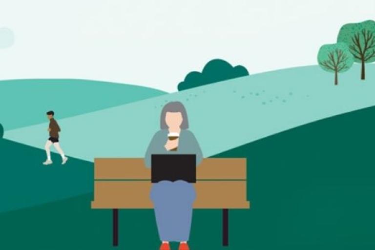 Illustration of a park scene with diverse people engaging in activities such as walking dogs, cycling, jogging, and sitting on a bench using a laptop. The background features rolling green hills, trees, and a light blue sky.
