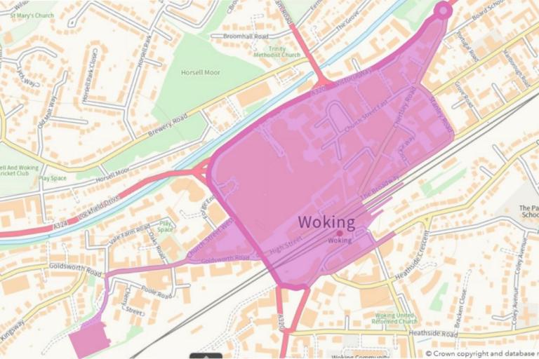 Boundary map of the alcohol licensing saturation zone in Woking town centre
