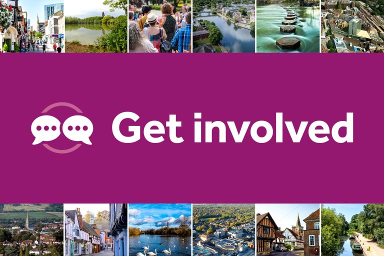 A decorative image featuring small thumbnail photos of Surrey landscapes and locations.