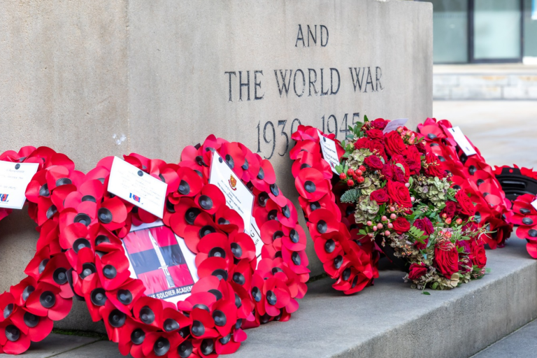 Red poppy wreaths and a floral wreath laid at the base of Woking War Memorial.