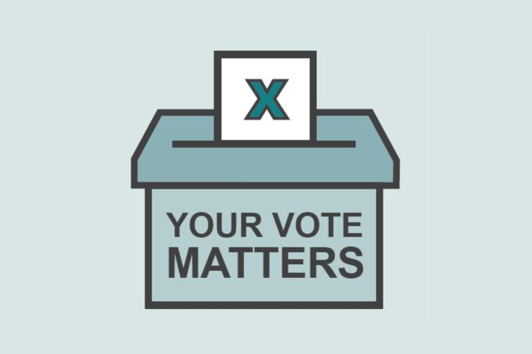 Ballot box with a voting paper being posted into it. Text on the box reads: "Your vote matters".