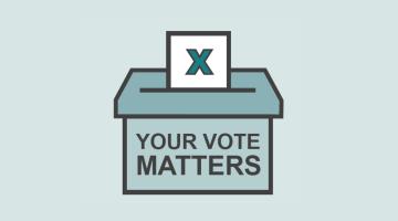 Graphic of an elections ballot box with a vote in the slot and text: 'Your vote matters'