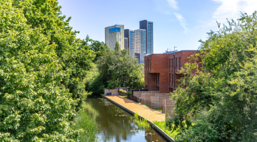 A view of Woking town centre from the Basingstoke Canal. Also pictured are new riverside homes.