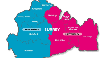 Map of Surrey split into the two new unitary council areas - West Surrey and East Surrey