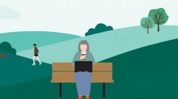 Illustration of a park scene with diverse people engaging in activities such as walking dogs, cycling, jogging, and sitting on a bench using a laptop. The background features rolling green hills, trees, and a light blue sky.