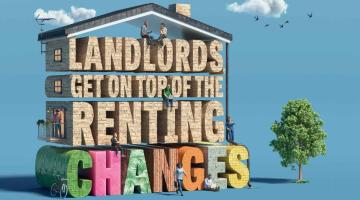 An illustration shows a house shape with four floors. On each floor there is large text integrated into the house structure which reads: "Landlords get on top of the renting changes." 