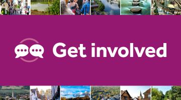 A decorative image featuring small thumbnail photos of Surrey landscapes and locations.